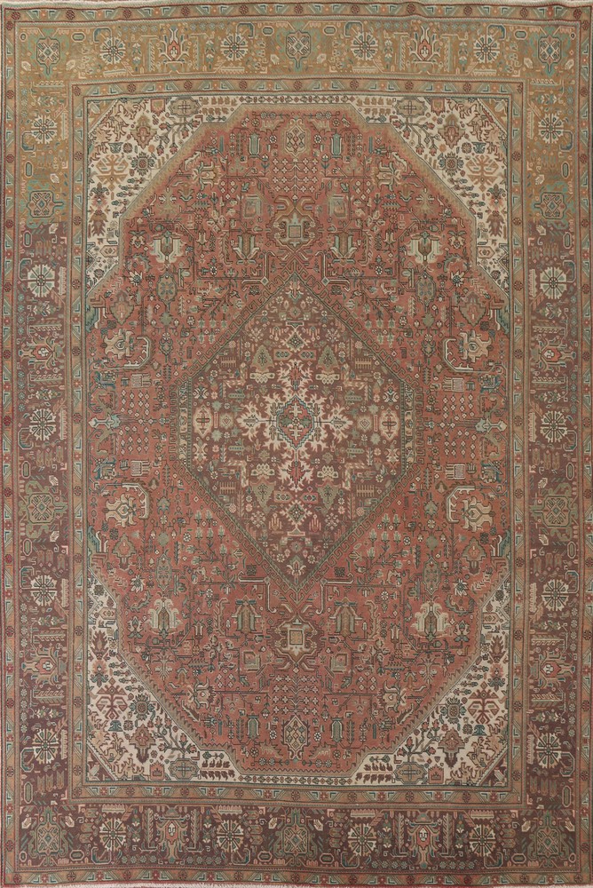 Geometric Wool Tebriz Living Room Area Rug 10x13 Vintage Handmade Carpet