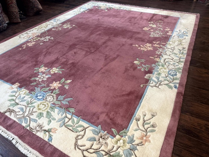 Indo Chinese Art Deco Rug 9x12, Pink and Ivory, Open Filed, Floral, Wool gallery