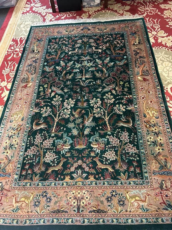 Rug 7.8x4.7 Feet Authentic Oriental Carpet Wool Silk Animal Motifs Handmade gallery