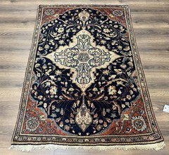 Antique Oriental Rug 3.5 x 5 Fine Carpet Medallion Navy Blue Red 1920s Handmade