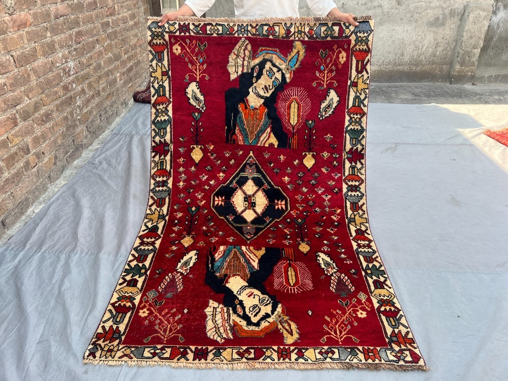 Red Antique Tribal Pictorial Hand Knotted Wool Rug 4x6 Unique Collector Rug