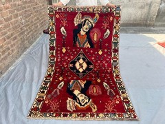 Red Antique Tribal Pictorial Hand Knotted Wool Rug 4×6 Unique Collector Rug