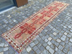 Vintage Oushak Runner Rug, Hand-Knotted Wool, Coral Beige Long Hallway Runner
