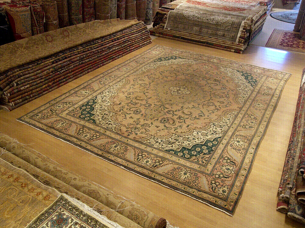 9.6 x 12.8 ft VINTAGE HAND KNOTTED Antique 1930s Tabrez OUSHAK VEG DYED Wool RUG