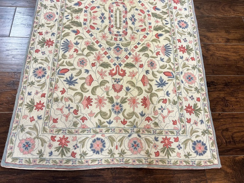 Hand Stitched Indian Rug 4x5, Floral, Vintage Hand Embroidered Rug gallery