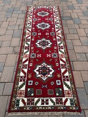 Brand New Red & Green Runner Handmade in India, Geometric Kazakh Design, 3’x8′