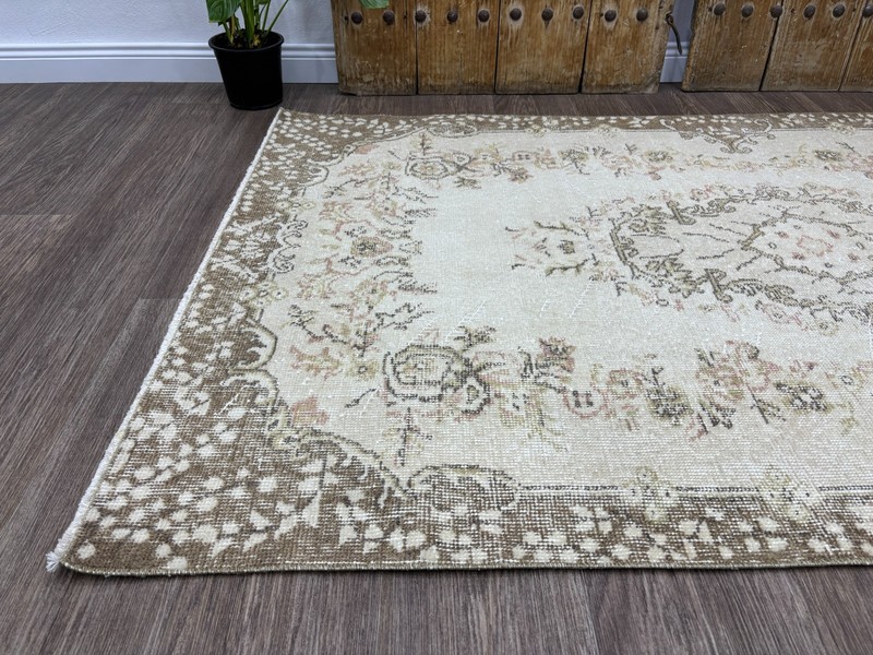 4x7 Vintage Neutral Turkish Area Rug, Beige Brown Oushak, Hand-Knotted Wool Rug gallery