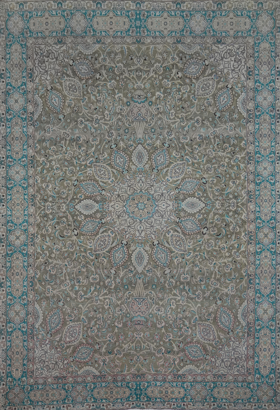 Vintage Muted Green Wool Tebriz Traditional Handmade Room Size Area Rug 9x13 gallery