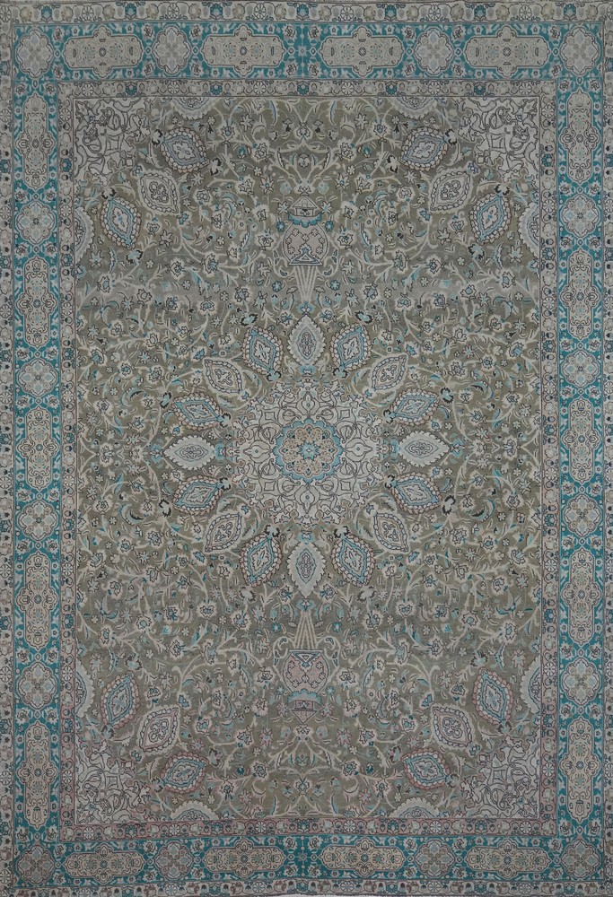 Vintage Muted Green Wool Tebriz Traditional Handmade Room Size Area Rug 9x13
