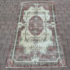 Rust Burgundy Turkish Rug 4×7 Vintage Wool Cream Green Floral Rug – Tariff Free