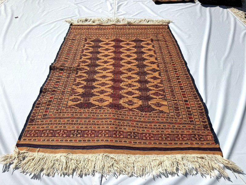1960s Terracotta Antique Afghan Area Rug 4x5 ft Beige Handwoven Geometric Carpet gallery