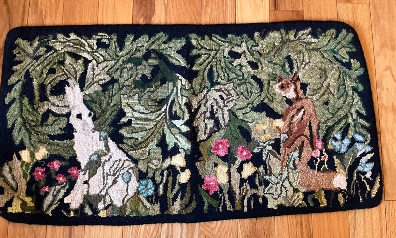 c1940s American Folk Art Pictorial Hooked Rug FOX & Hare in Ivy Patch 17”x 33” gallery