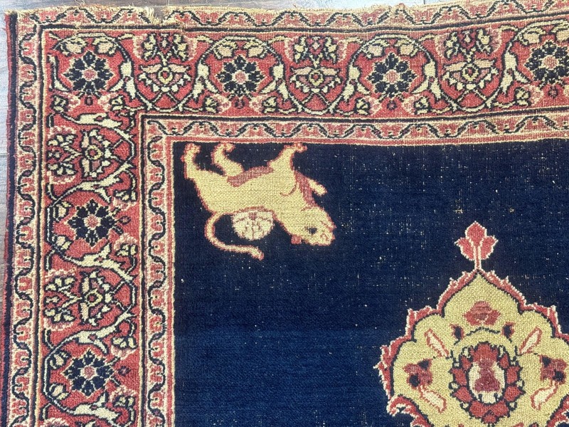 Antique Per'sian Rug 4x6 Semi Open Field Navy Blue Lion Pictorials gallery