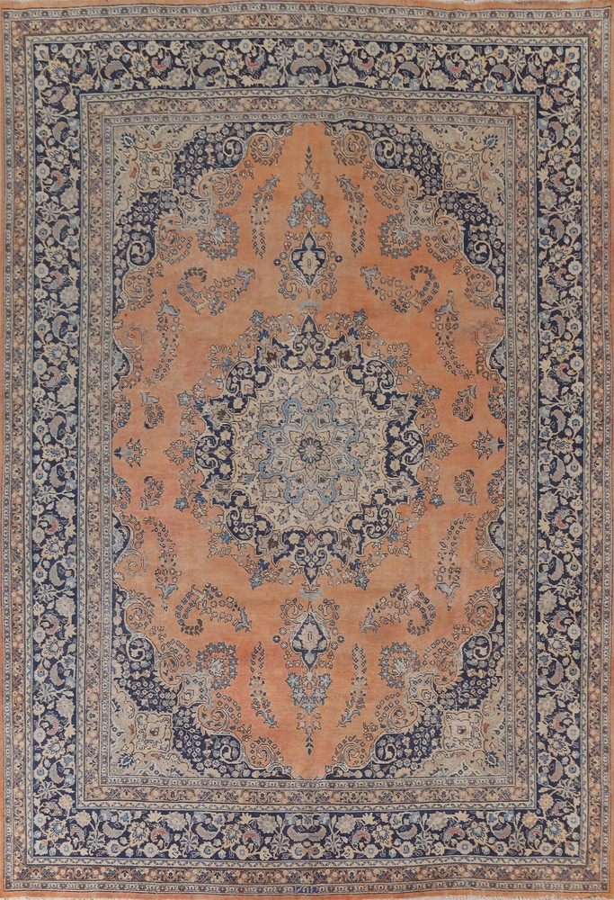 Orange/ Navy Blue Handmade Wool Traditional Living Room Rug 10x13 Vintage Carpet