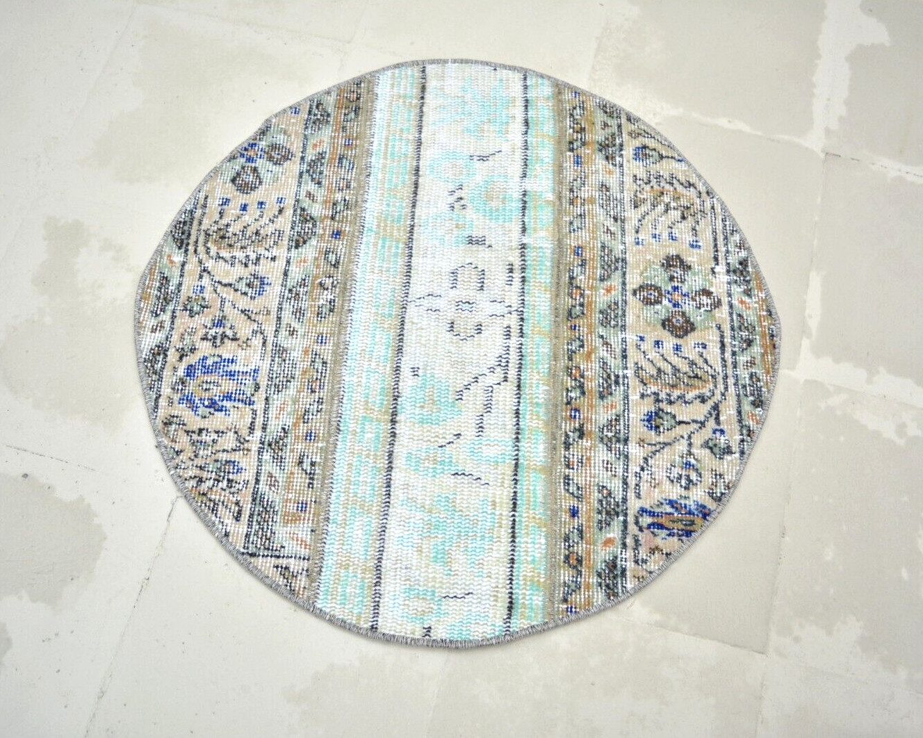 Turquois Vintage Handmade Rug, Round Entry Mat, 2.2x2.2ft, Patchwork Turkish Rug gallery