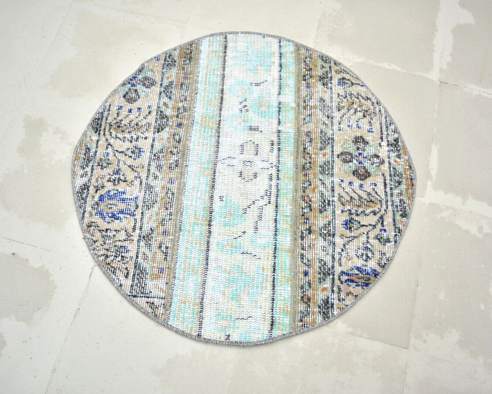 Turquois Vintage Handmade Rug, Round Entry Mat, 2.2x2.2ft, Patchwork Turkish Rug