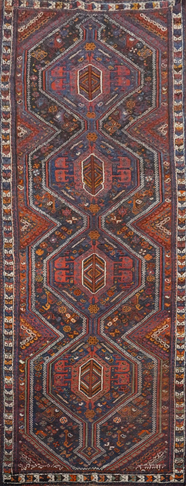 Antique Geometric Runner Rug 4x12 Vegetable Dye Hand-knotted Wool Traditional gallery