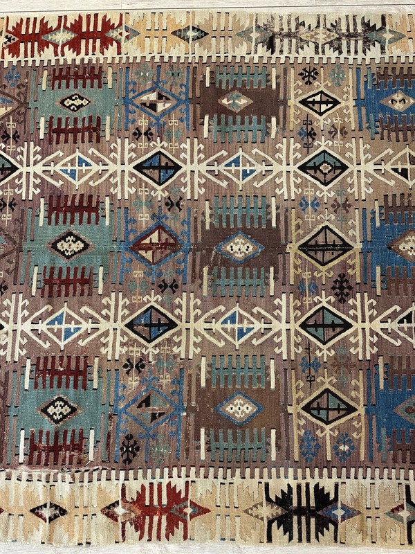 19th C Decorative Collectable Turkish Anatolian Reyhannli Kilim Rug 5’ x 8’3” gallery