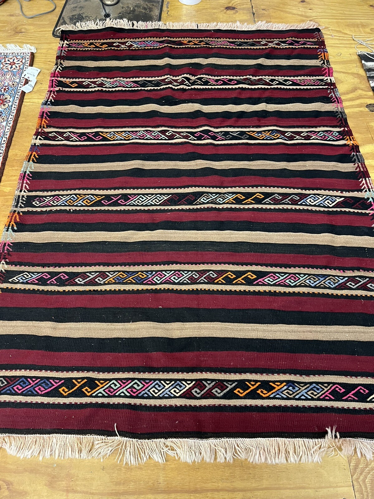 Vintage Turkish Kilim Kelim Rug 5'2''x7'4'' Red, Brown, Black, Orange, Pink, gallery