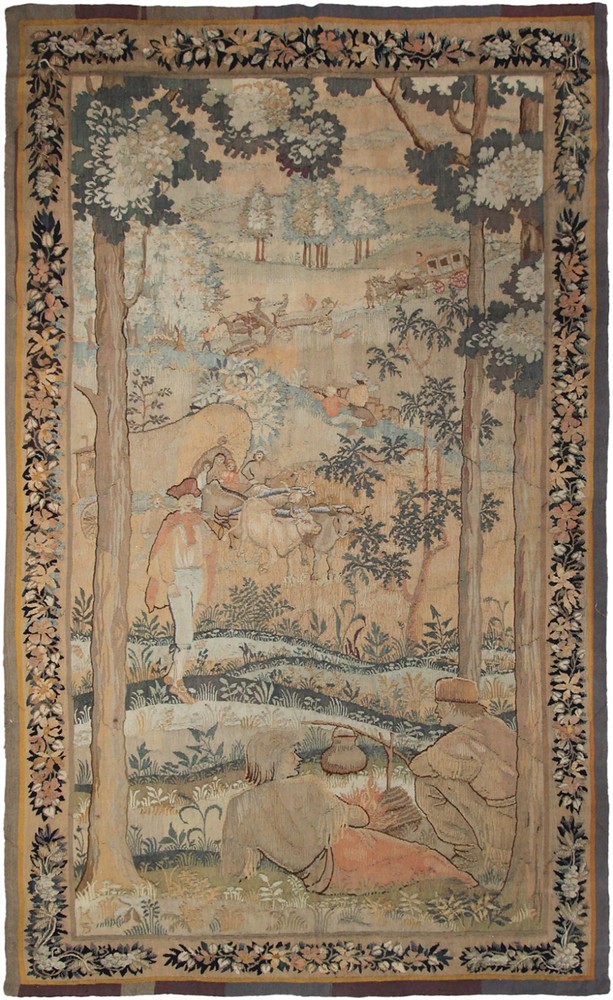 5x9 Antique French Verdure Figural Woven Tapestry 152cmx269cm Signed 1900