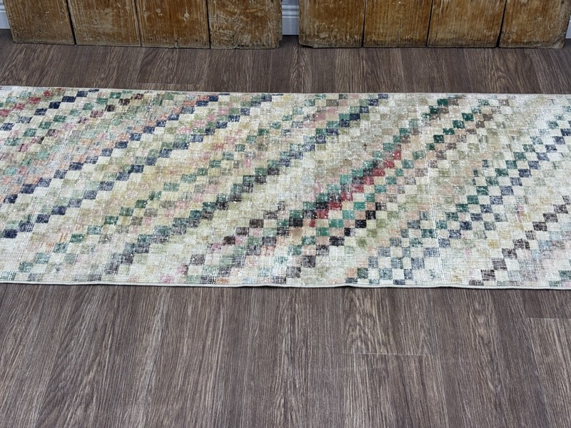 3x9 Check Vintage Turkish Runner, Hand-Knotted Distressed Colorful Oushak Runner gallery