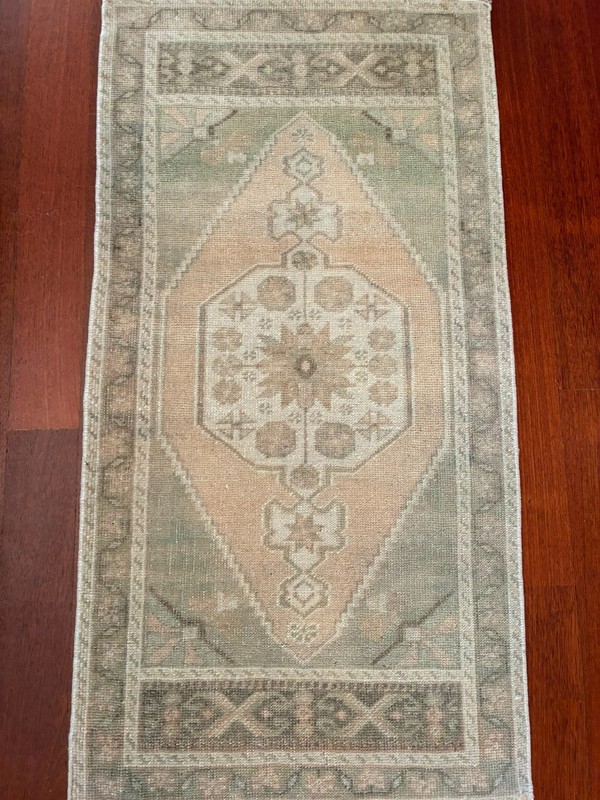 Muted Pink Green 2x4 Small Runner Wool Hand Knotted Vintage Turkish Oushak Rug gallery