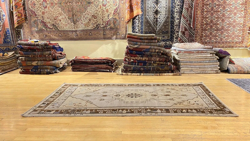 Antique 1939's Muted Colors Bohemian Oushak Nagorno-Karabahk Area Rug 4’7’8’7” gallery