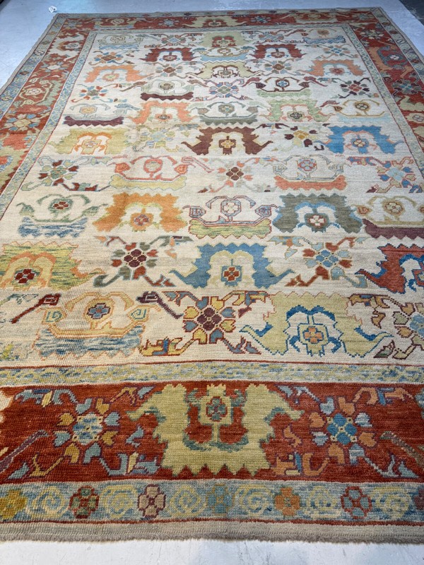 Oriental Hand-Knotted Wool Area Rug Turkish Oushak Ivory/Red/Blue 10'7" x 14'10" gallery
