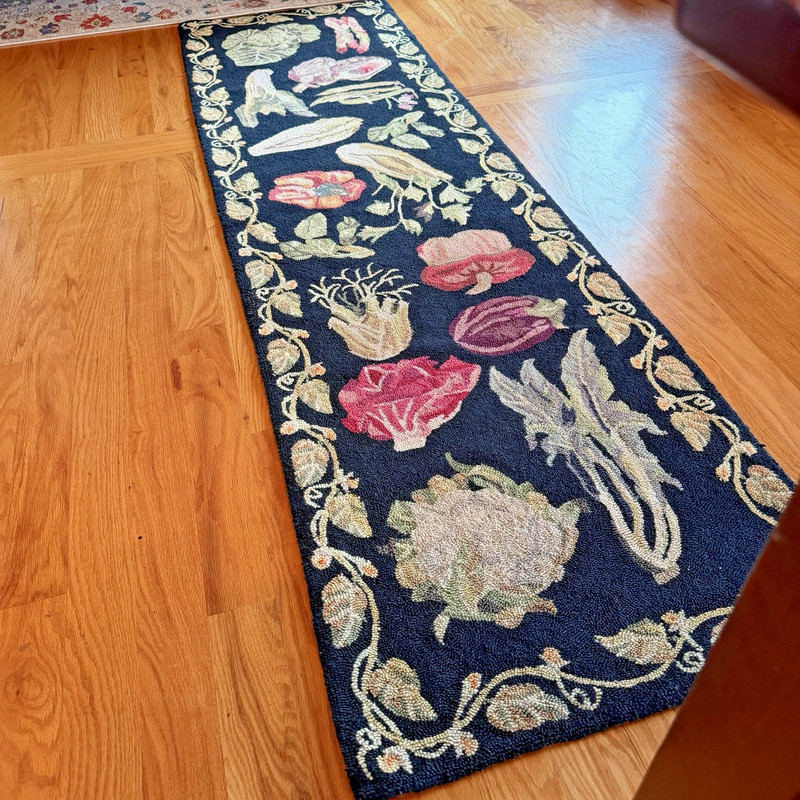 Antique 1910 Primitive Hooked Rug Vegetables Garden Farmhouse Rug Runner 26x92 gallery