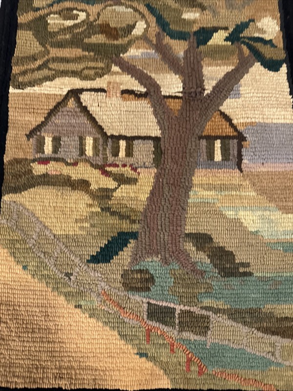 Vintage Hand Hooked Wool Tapestry Farmhouse Landscaped Tree Cottage, gallery