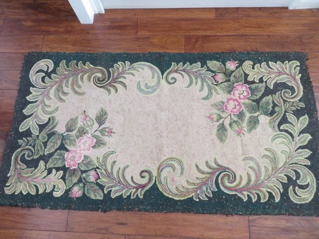 Old Antique FLORAL HOOKED WOOL RUG Aubusson Style Design Pink Flowers 67 x 36 gallery