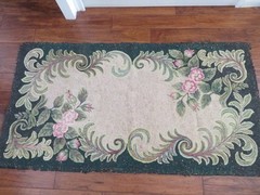 Old Antique FLORAL HOOKED WOOL RUG Aubusson Style Design Pink Flowers 67 x 36