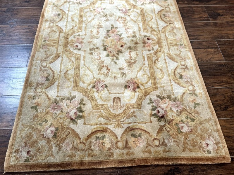 Chinese Aubusson Rug 3.6 x 5 Beige Gold Handmade Vintage Elegant Wool Carpet gallery