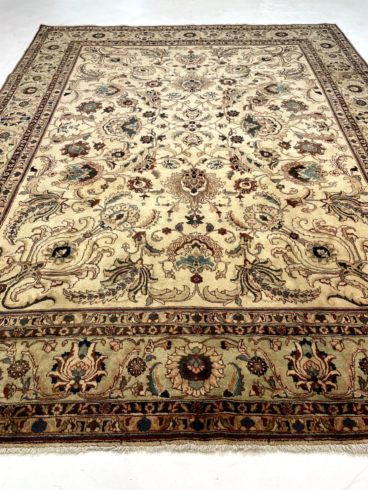 Antique Oriental Hand-Knotted Wool Area Rug Ivory/Green/Blue 9'7" x 12'10" gallery