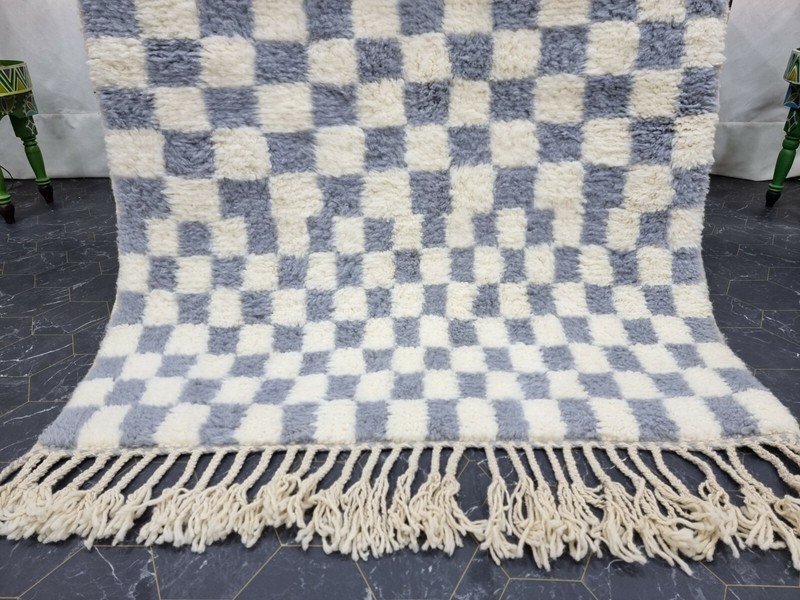 Beni Ourain Moroccan Handmade Rug 3'8"x4'9" Checkered White & Gray Wool Carpet gallery