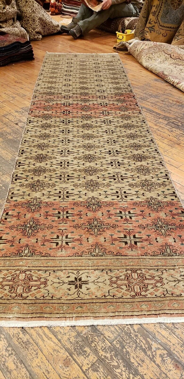 1930-1939's Antique Wool Pile Muted Natural Dye Bunyan Runner Rug 2'6" x 9'6" gallery
