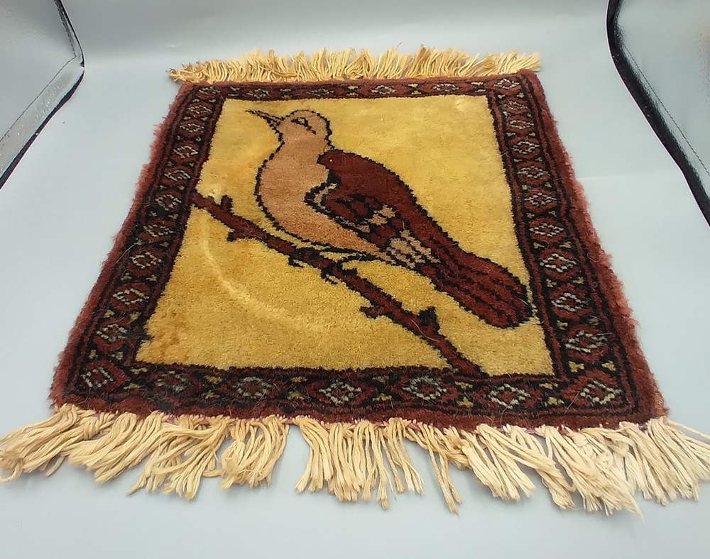 Vintage Small Bird Rug Wall Hanging Textile Folk Art Fringe Hand Woven FREE SHIP
