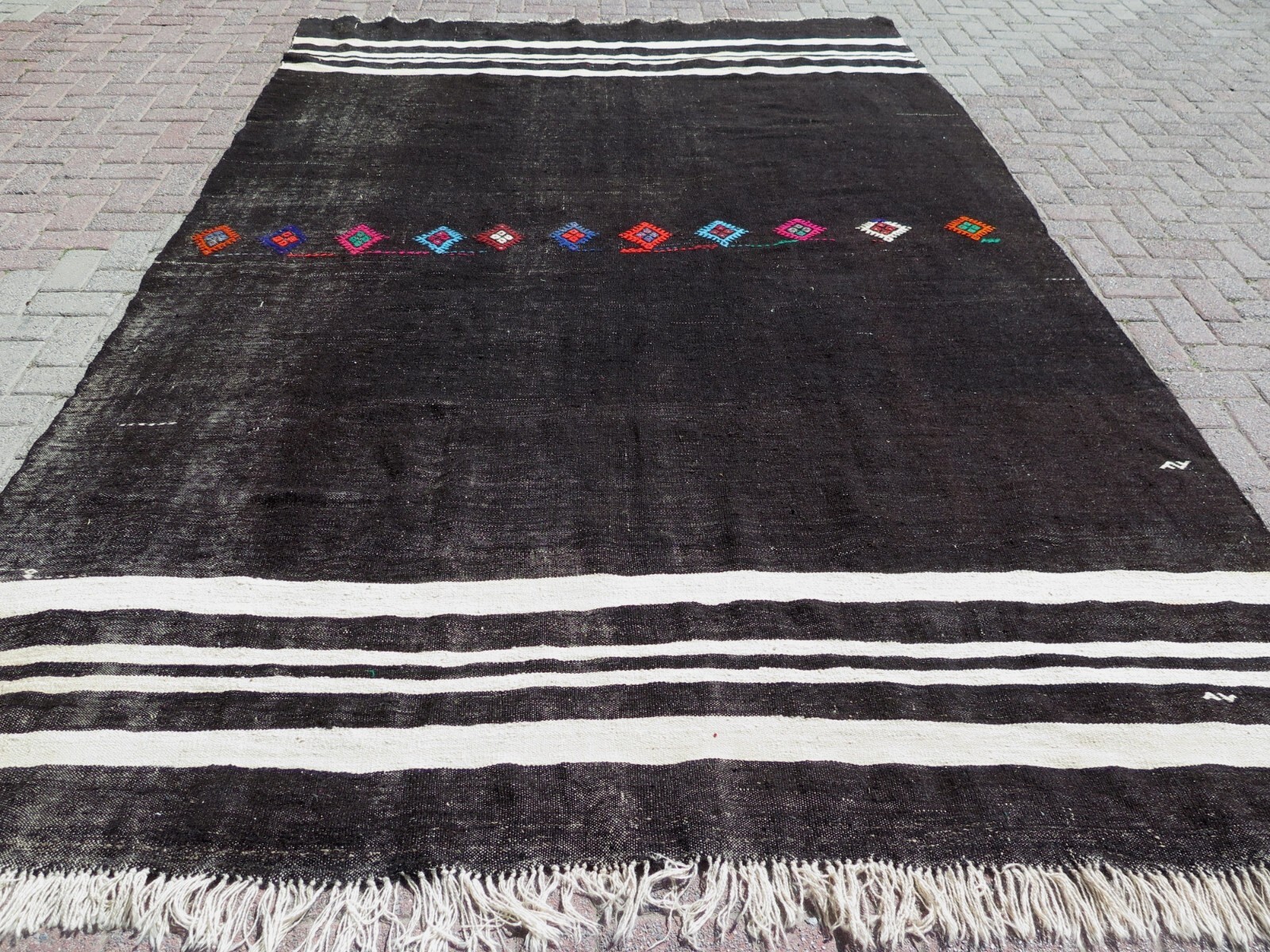 Oversize Rug Black Rug Vintage Turkish Kilim Ethnic Floor Rug Wool Rugs 91"X140" gallery