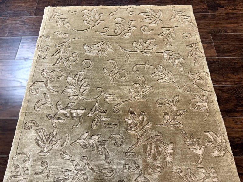 Modern Tibetan Rug 3.7 x 5.5, Carved Floral Design, Wool and Silk Highlights gallery