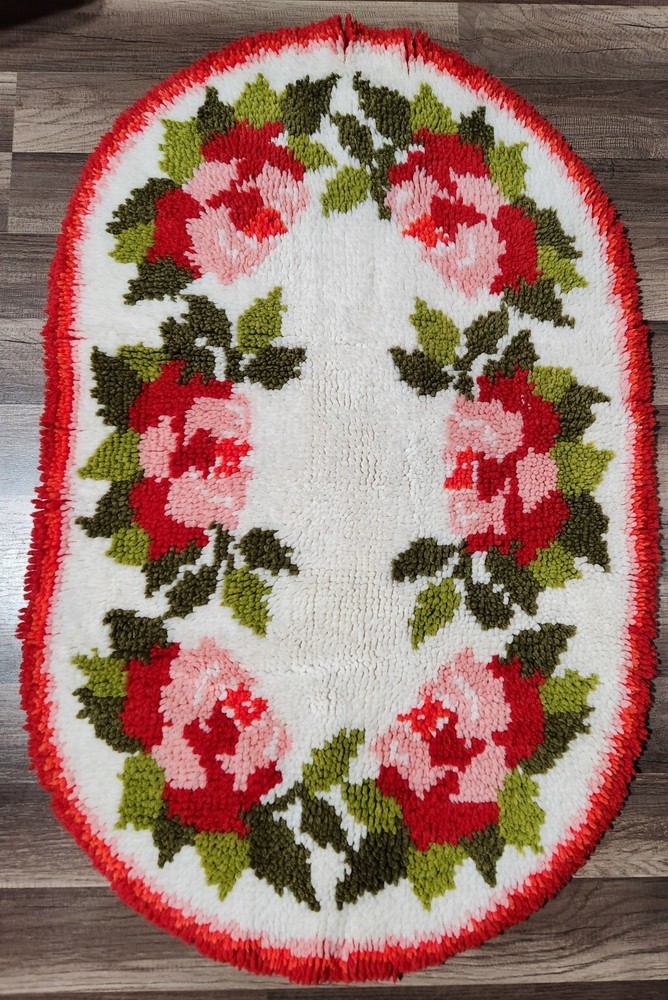 Vintage Hooked Rug Floral Beautifully Done With Pink And Red Roses