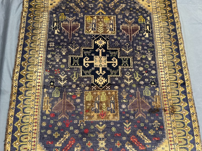 Antique Afghan War Rug 3'9x6'6 – Handmade Wool Tribal Blue Beige Geometric Rug gallery