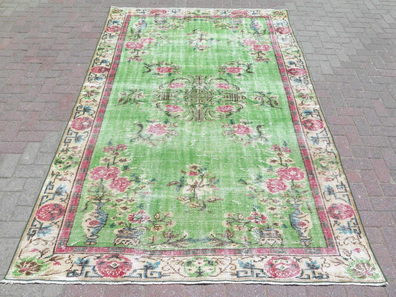 Vintage Turkish Handmade Carpet, Green Distressed Large Floor Boho Rug 75"x111" gallery