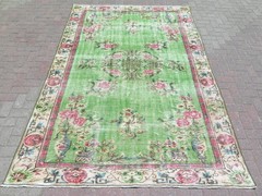Vintage Turkish Handmade Carpet, Green Distressed Large Floor Boho Rug 75″x111″