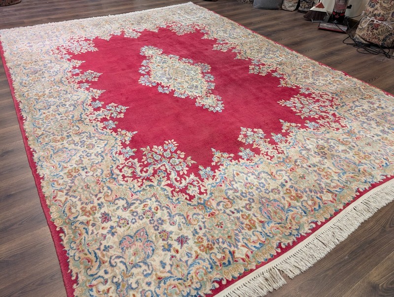 Per'sian Rug 9x12 Kirman Carpet Semi Open Field Medallion Red Vintage Wool gallery