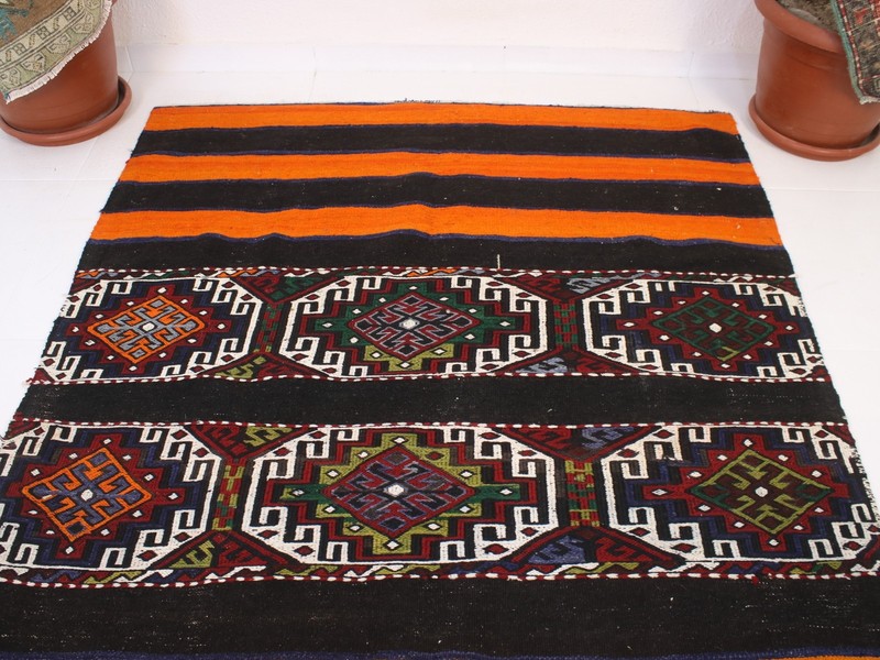 4x6 Turkish Handmade Kilim Rug Orange Black Geometric 4.2x5.6 ft gallery