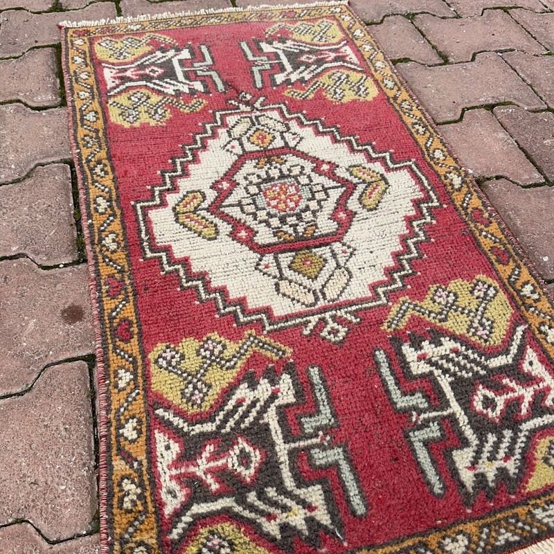 Red Ivory 2x3 Vintage Turkish Wool Accent Rug With Mustard Border - Tariff Free gallery