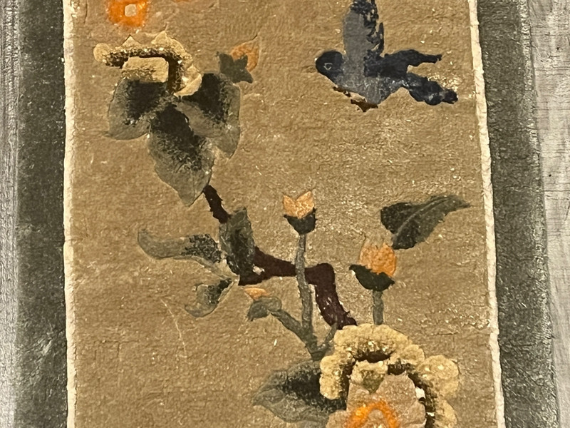 Vintage Chinese Silk Woven Rug With Bird & Flowers 25''x12'' Collectible gallery