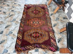 Area Vintage Turkish Rug | Geometric Tribal Accent Hand-Knotted Wool 3×5.5 ft