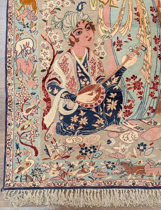 Per'sian Pictorial Rug 3x4, Kork Wool on Silk, Musician, Animal Pictorials gallery