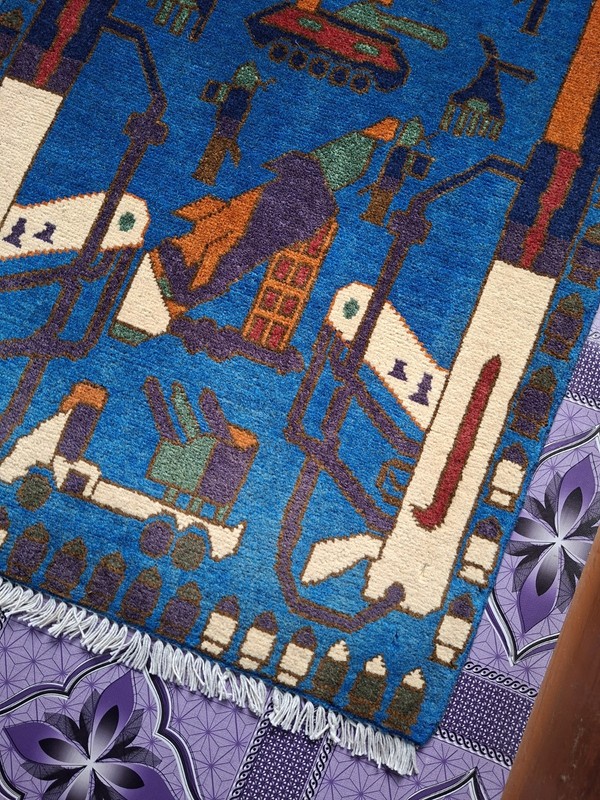 S108 War Rug Handmade Knotted Afghan Tribal Vintage Pictorial 9/11 Rug 86×63 Cm gallery